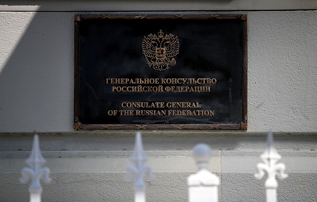 a sign is posted in front of the russian consulate on august 31 2017 in san francisco california in response to a russian government demand for the united states to cut its diplomatic staff in russia by 455 the trump administration ordered the closure of three consular offices in the san francisco new york and washington photo afp