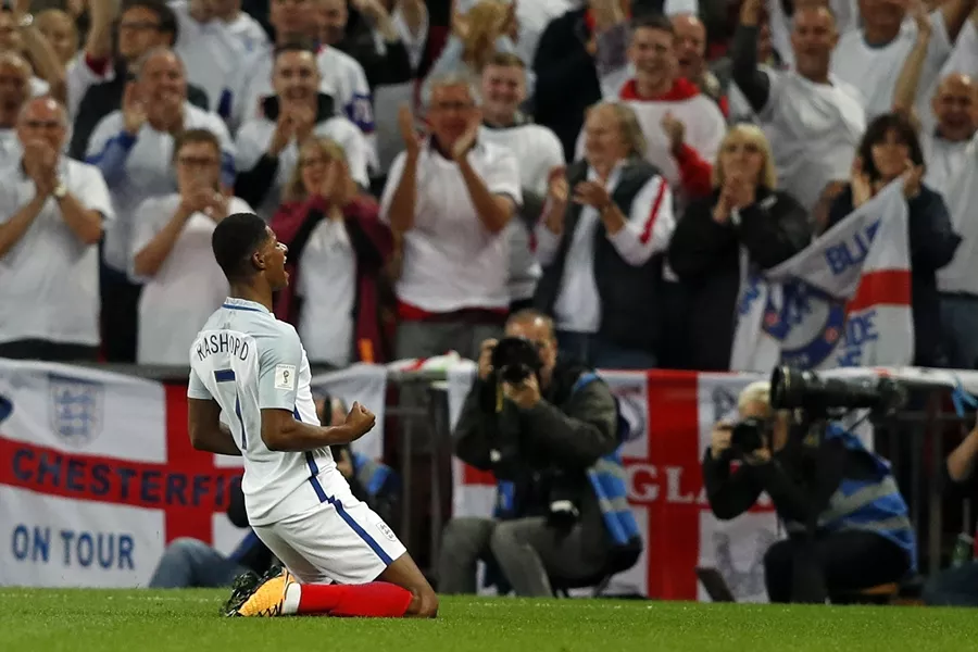 england 039 s striker marcus rashford celebrates scoring england 039 s second goal during the world cup 2018 qualification football match between england and slovakia at wembley stadium in london on september 4 2017 photo afp england 039 s striker marcus rashford celebrates scoring england 039 s second goal during the world cup 2018 qualification football match between england and slovakia at wembley stadium in london on september 4 2017 photo afp
