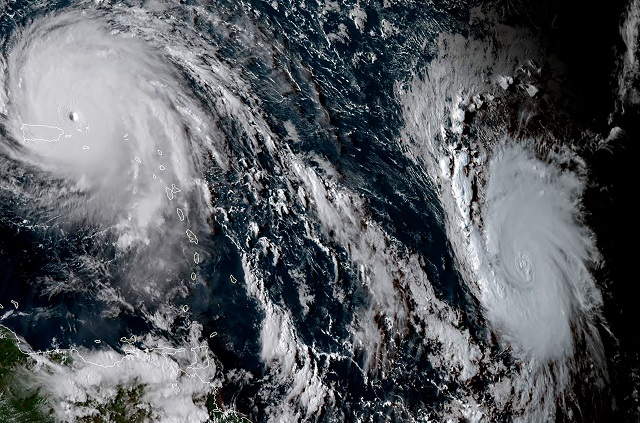 this satellite image obtained from the national oceanic and atmospheric administration noaa shows huricane irma l and hurricane jose r at 2015 utc on september 6 2017 tropical storm jose in the atlantic ocean has been upgraded to hurricane status the national hurricane center said on september 6 2017 jose was 1 040 miles 1 675 kilometers east of the lesser antilles and packing maximum sustained winds of 75 miles per hour 120 kilometers per hour the nhc said it was considered a category one hurricane on the five level saffir simpson scale photo afp