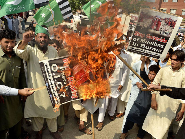 protesters in peshawar burn a banner during a demonstration against rohingya persecution in myanmar on september 8 2017 photo online