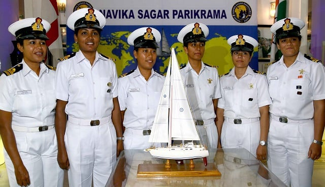 this handout photo taken on august 17 2017 and released on september 5 by the indian navy shows indian women naval officers posing for a picture in front of a model of a yacht in new delhi promoting their upcoming effort to sail around the world six indian women naval officers are looking to shatter the glass ceiling as they set sail for an historic mission around the world photo afp this handout photo taken on august 17 2017 and released on september 5 by the indian navy shows indian women naval officers posing for a picture in front of a model of a yacht in new delhi promoting their upcoming effort to sail around the world six indian women naval officers are looking to shatter the glass ceiling as they set sail for an historic mission around the world photo afp