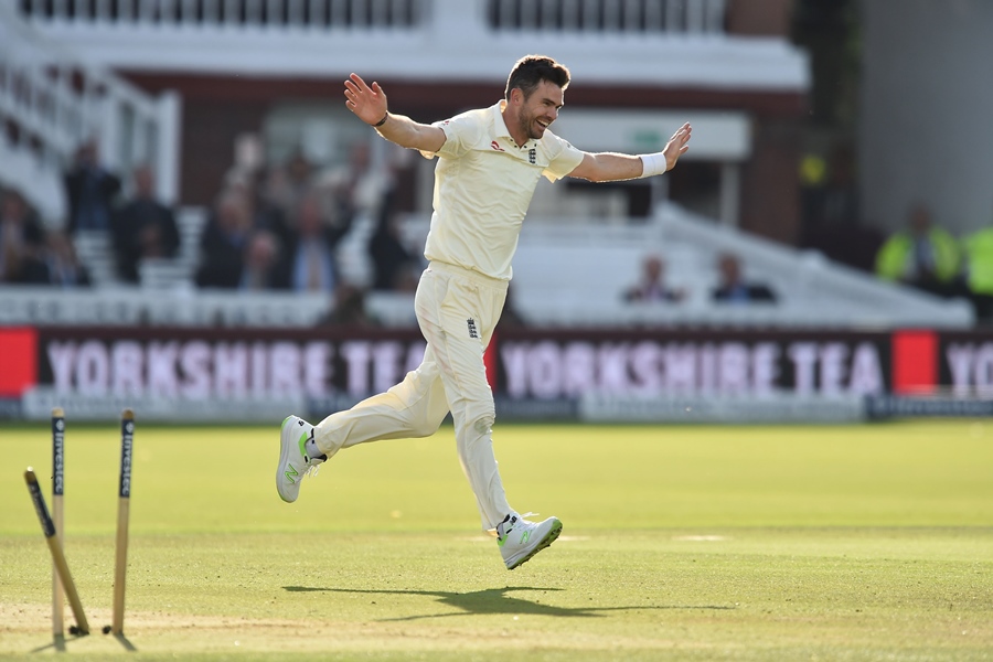 england 039 s james anderson celebrates taking his 500th test match wicket after taking the wicket of west indies 039 kraigg brathwaite for 4 runs during the second day of the third international test match between england and west indies at lords cricket ground in london on september 8 2017 photo afp