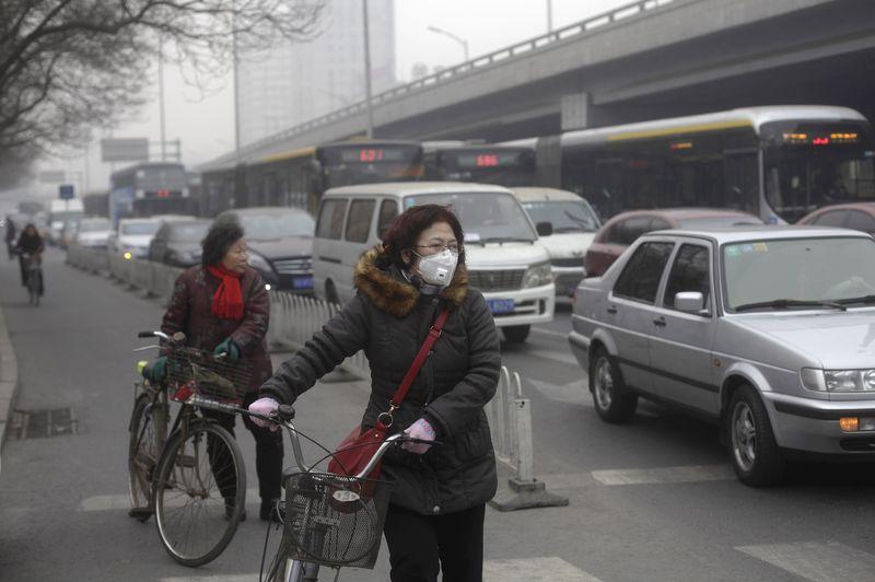 a woman c wearing a mask stands besides her bicycle as vehicles stop at a traffic junction on a busy street amid thick haze in beijing in this february 25 2014 file photo photo reuters