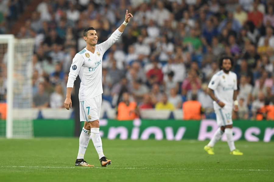 real madrid 039 s forward from portugal cristiano ronaldo celebrates after scoring during the uefa champions league football match real madrid cf vs apoel fc at the santiago bernabeu stadium in madrid on september 13 2017 photo afp