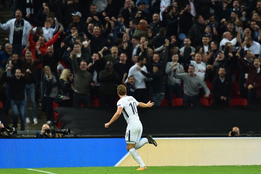 tottenham hotspur 039 s english striker harry kane celebrates after scoring during the uefa champions league group h football match between tottenham hotspur and borussia dortmund at wembley stadium in london on september 13 2017 photo afp