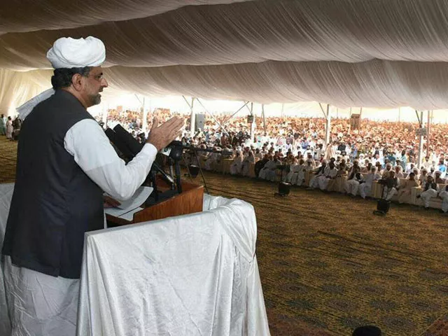 prime minister shahid khaqan abbasi addresses a public gathering in sui balochistan on september 14 2017 photo pm office prime minister shahid khaqan abbasi addresses a public gathering in sui balochistan on september 14 2017 photo pm office