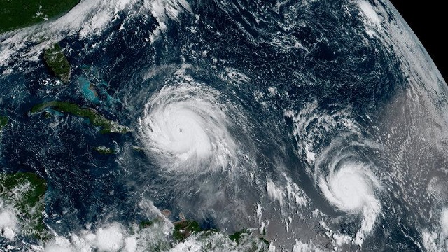 hurricane irma l and hurricane jose are pictured in the atlantic ocean in this september 7 2017 noaa satellite handout photo photo reuters