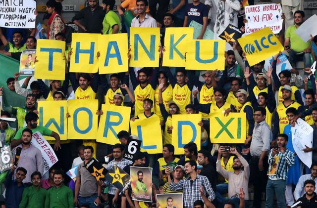 pakistani spectators hold placards at the gaddafi cricket stadium in lahore on september 15 2017 before the start of the third and final twenty 20 international match between the world xi and pakistan photo afp pakistani spectators hold placards at the gaddafi cricket stadium in lahore on september 15 2017 before the start of the third and final twenty 20 international match between the world xi and pakistan photo afp