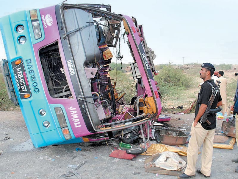 this larkana bound passenger coach split into two after it collided with a truck on indus highway photo app