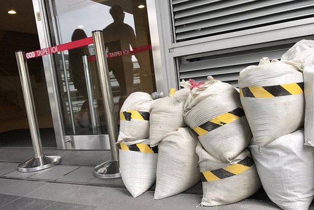 sandbags are prepared ahead of typhoon talim in a landmark building taipei 101 in taipei taiwan september 13 2017 photo reuters tyrone siu