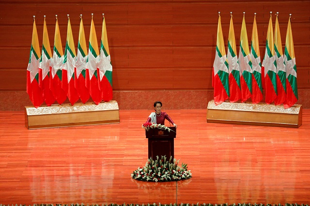 myanmar state counselor aung san suu kyi delivers a speech to the nation over rakhine and rohingya situation in naypyitaw myanmar september 19 2017 photo reuters