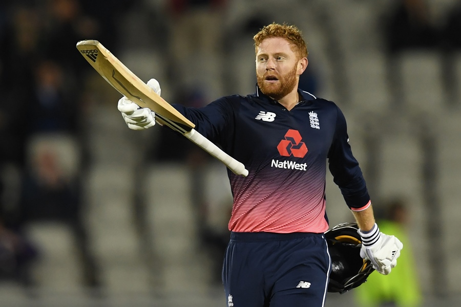 england 039 s jonny bairstow celebrates his century during the first one day international odi cricket match between england and the west indies at old trafford manchester on september 19 2017 photo afp