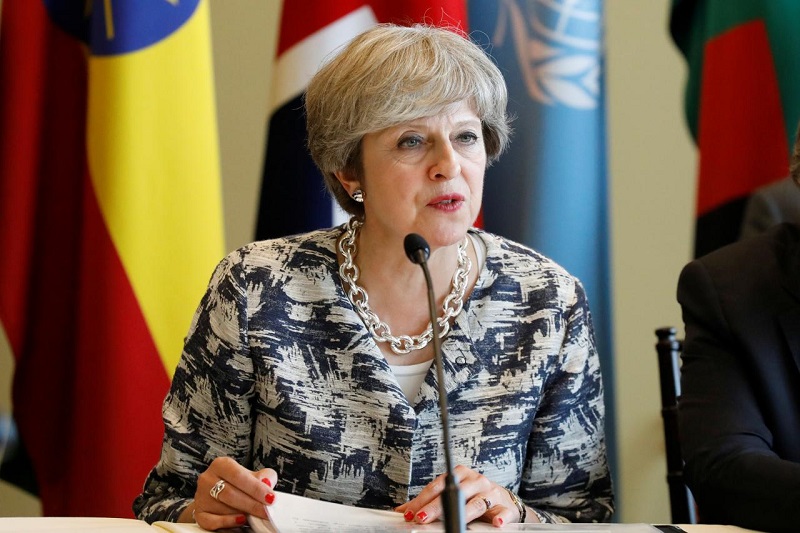 british prime minister theresa may speaks during a meeting on action to end modern slavery and human trafficking on the sidelines of the 72nd united nations general assembly at u n headquarters in manhattan new york u s september 19 2017 photo reuters