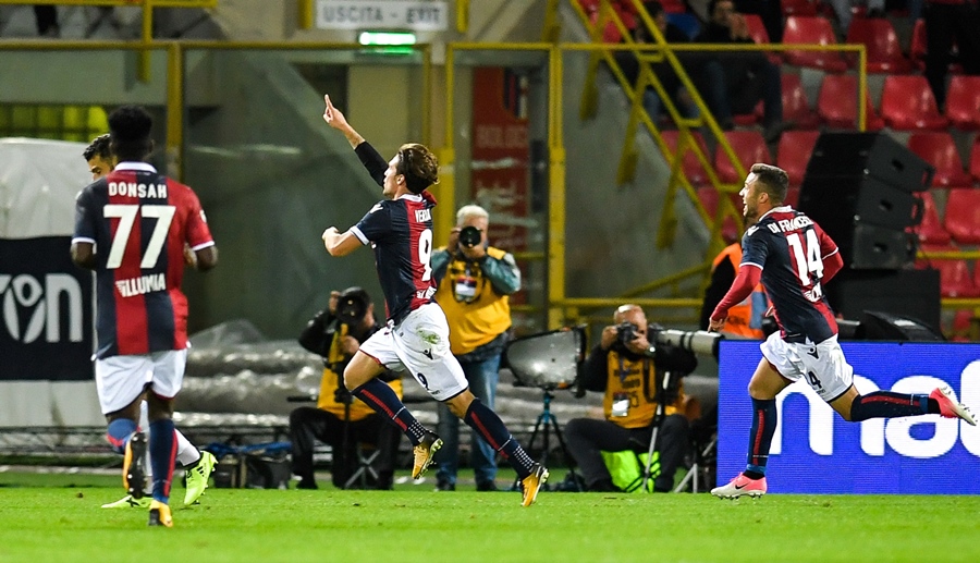 bologna 039 s italian forward simone verdi c celebrates with teammates after scoring against inter milan during the italian seria a match bologna versus inter milan at the dall 039 ara comunal stadium in bologna on september 19 2017 photo afp