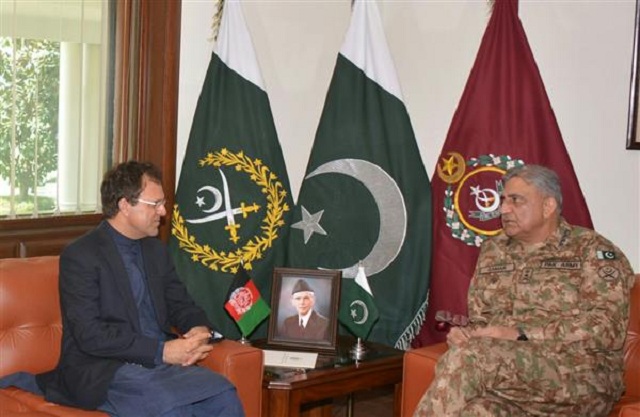 army chief general qamar bajwa meets afghan ambassador dr omar zakhilwal at teh ghq on wednesday photo ispr