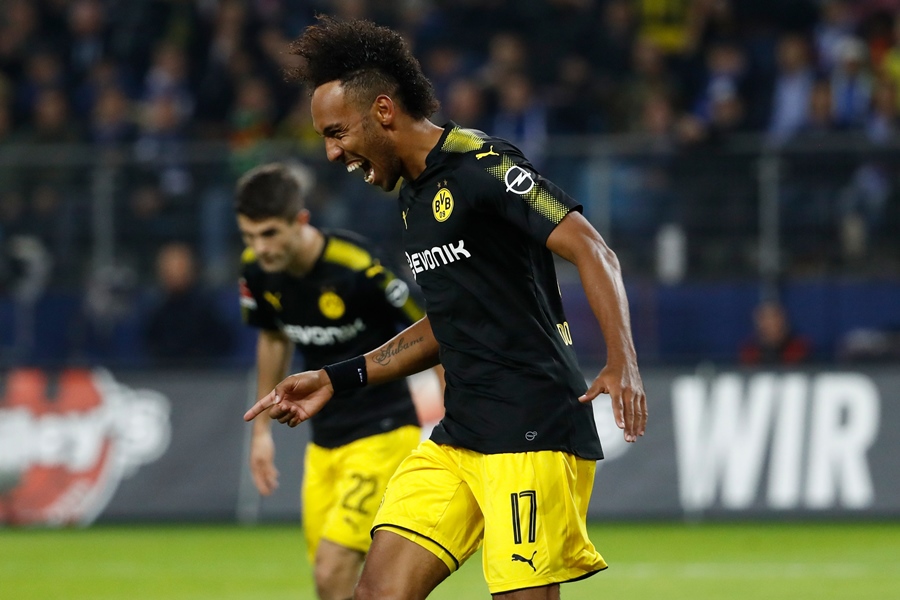 dortmund 039 s gabonese forward pierre emerick aubameyang celebrates scoring the 0 2 goal during the german first division bundesliga football match hamburg sv v bvb borussia dortmund in hamburg northen germany on september 20 2017 photo afp