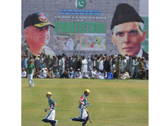 uk media xi batsmen run during a t20 cricket match between pakistan xi and uk media xi at the younis khan cricket stadium in miranshah photo afp