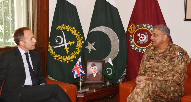 british high commissioner thomas drew calls on chief of army staff coas general qamar javed bajwa photo courtesy ispr