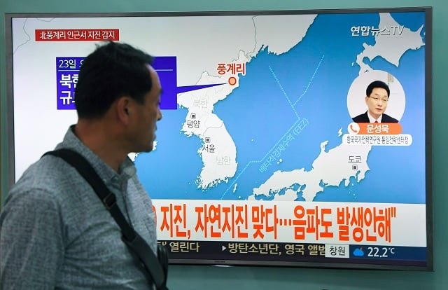 a man watches a television news screen showing a map of the epicenter of an earthquake in north korea at a railway station in seoul on september 23 2017 china 039 s seismic service cenc on september 23 detected a zero depth 3 4 magnitude earthquake in north korea calling it a quot suspected explosion quot there seemed to be some initial difference of opinion however with seoul 039 s korea meteorological agency kma saying that it had registered a tremor of a similar size but judged it a quot natu photo afp a man watches a television news screen showing a map of the epicenter of an earthquake in north korea at a railway station in seoul on september 23 2017 china 039 s seismic service cenc on september 23 detected a zero depth 3 4 magnitude earthquake in north korea calling it a quot suspected explosion quot there seemed to be some initial difference of opinion however with seoul 039 s korea meteorological agency kma saying that it had registered a tremor of a similar size but judged it a quot natu photo afp