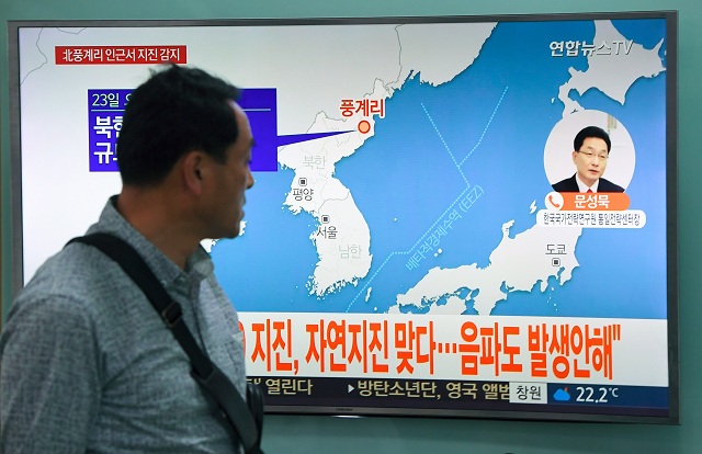 a man watches a television news screen showing a map of the epicenter of an earthquake in north korea at a railway station in seoul on september 23 2017 china 039 s seismic service cenc on september 23 detected a zero depth 3 4 magnitude earthquake in north korea calling it a quot suspected explosion quot there seemed to be some initial difference of opinion however with seoul 039 s korea meteorological agency kma saying that it had registered a tremor of a similar size but judged it a quot natu photo afp