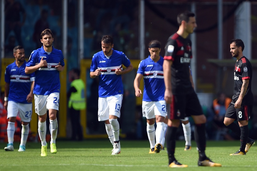 sampodoria 039 s players react after scoring a goal during the italian serie a football match sampdoria versus ac milan at the luigi ferraris stadium in genoa on september 24 2017 photo afp