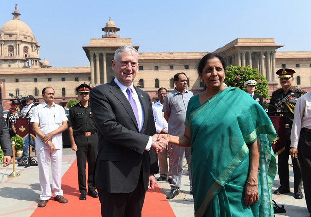 us defence secretary jim mattis l shakes hands with indian defence minister nirmala sitharaman at the indian ministry of defence prior to a meeting in new delhi on september 26 2017 photo reuters