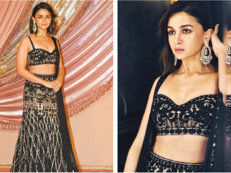 the actor made her grand entrance in a black velvet lehenga with a sweetheart neckline and a cropped blouse photos file