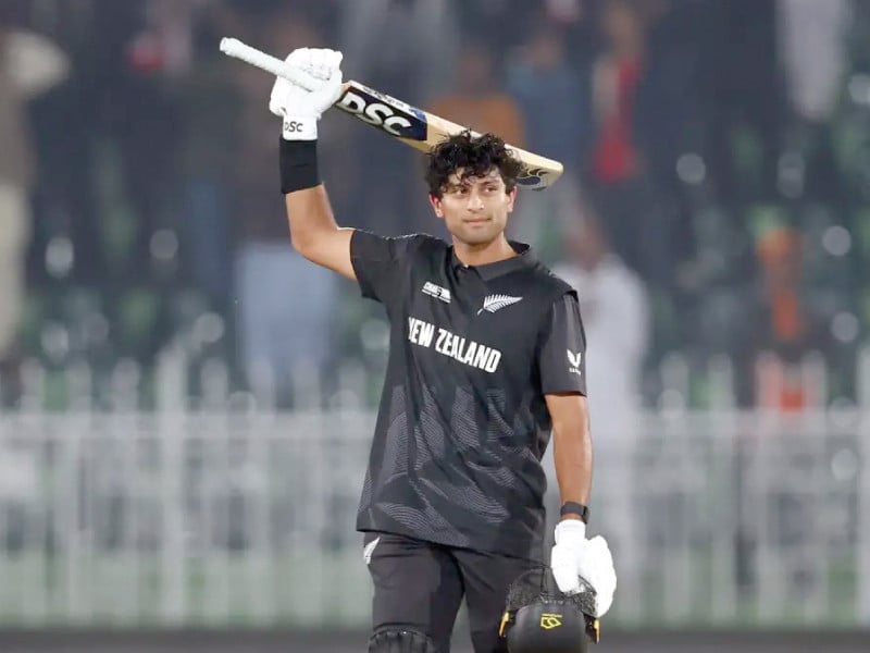 rachin ravindra celebrates his hundred against bangladesh on monday photo icc