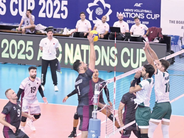 a view of the pakistan qatar volleyball semifinal at the avc nations cup in bahrain on monday photo pvf a view of the pakistan qatar volleyball semifinal at the avc nations cup in bahrain on monday photo pvf