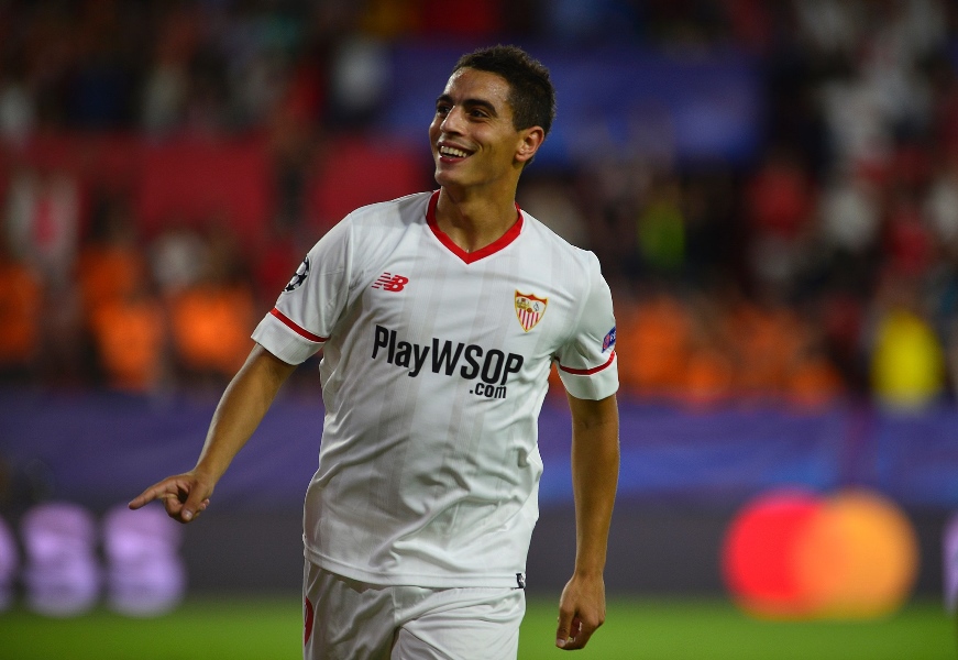 sevilla 039 s french forward wissam ben yedder celebrates after scoring during the uefa champions league group e football match sevilla fc vs nk maribor at the ramon sanchez pizjuan stadium in sevilla on september 26 2017 photo afp