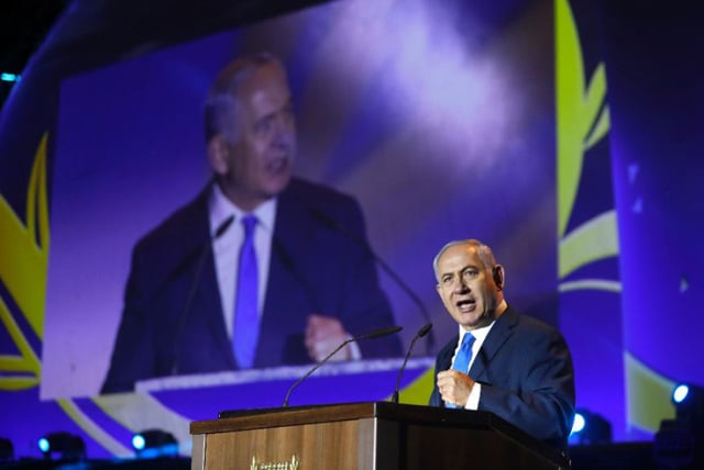 israeli prime minister benjamin netanyahu gives a speach during a celebration of the 50 years of jewish settlement in the occupied west bank and golan heights at a commemoration event in the gush etzion settlement bloc on september 27 2017 photo afp