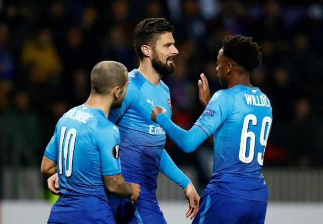 arsenal 039 s olivier giroud celebrates scoring their fourth goal with joseph willock and jack wilshere on september 28 2017 photo reuters arsenal 039 s olivier giroud celebrates scoring their fourth goal with joseph willock and jack wilshere on september 28 2017 photo reuters