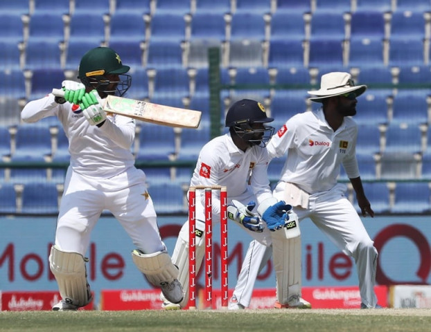 harris sohail l of pakistan bats during the fourth day of the first test cricket match between sri lanka and pakistan at sheikh zayed stadium in abu dhabi on october 1 2017 photo afp