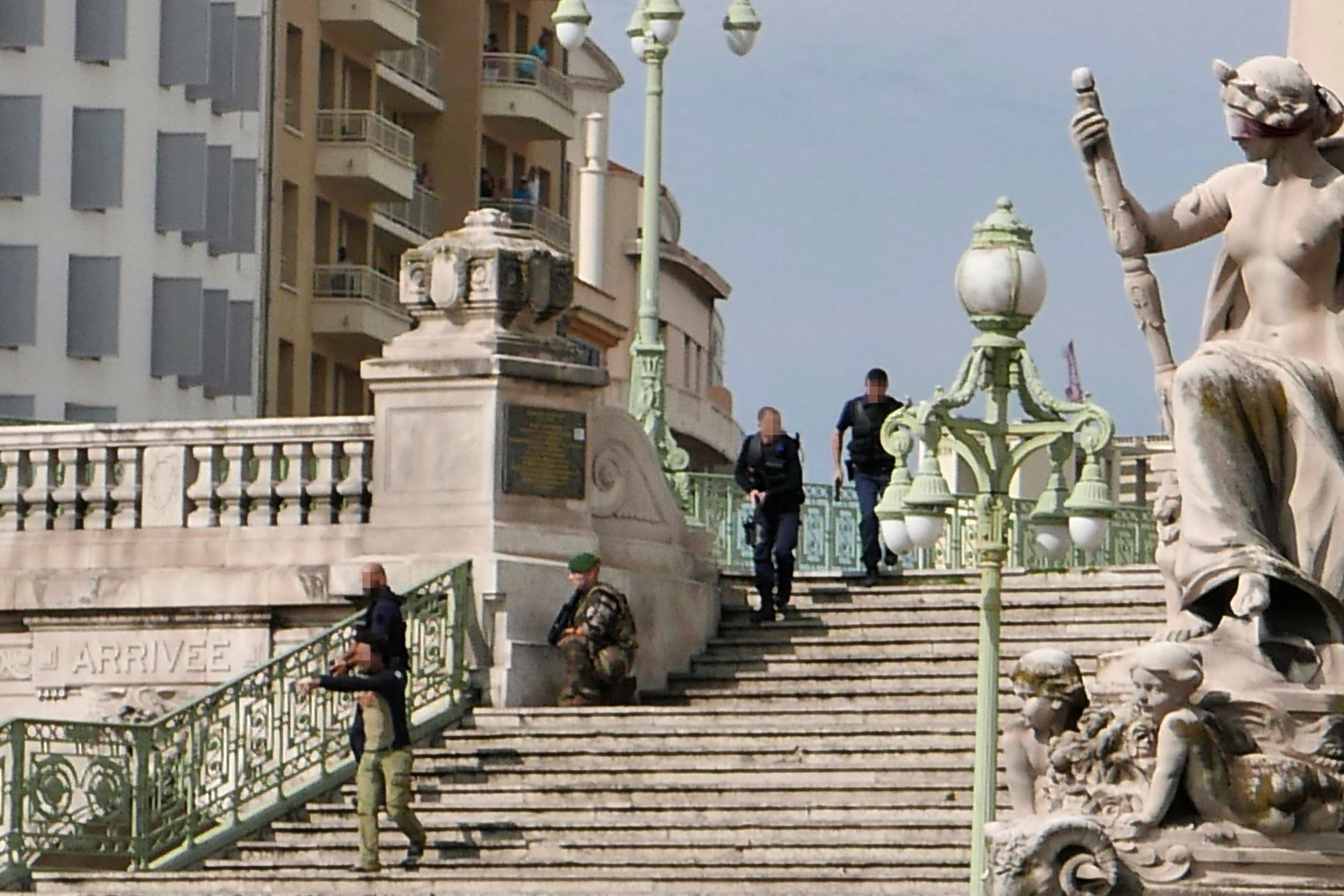 this picture obtained on the twitter account of stan marcelja and taken on october 1 2017 shows french police on the stairs leading to the saint charles main train station in marseille southern france after a man armed with a knife killed two people photo afp