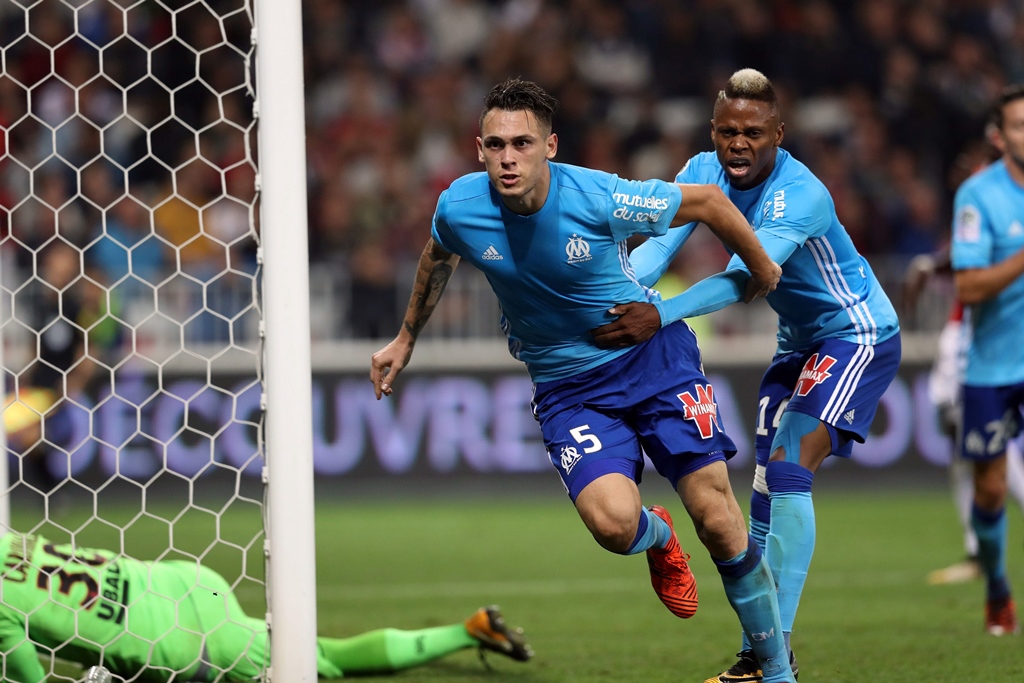 olympique de marseille 039 s argentinian forward lucas ocampos celebrates after scoring a goal during the french l1 football match photo afp