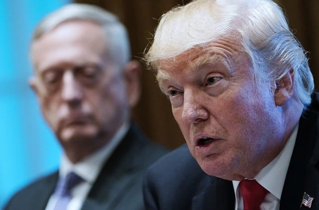 us president donald trump speaks as defense secretary james mattis l looks on during a meeting with senior military leaders in the cabinet room of the white house on october 5 2017 photo afp us president donald trump speaks as defense secretary james mattis l looks on during a meeting with senior military leaders in the cabinet room of the white house on october 5 2017 photo afp
