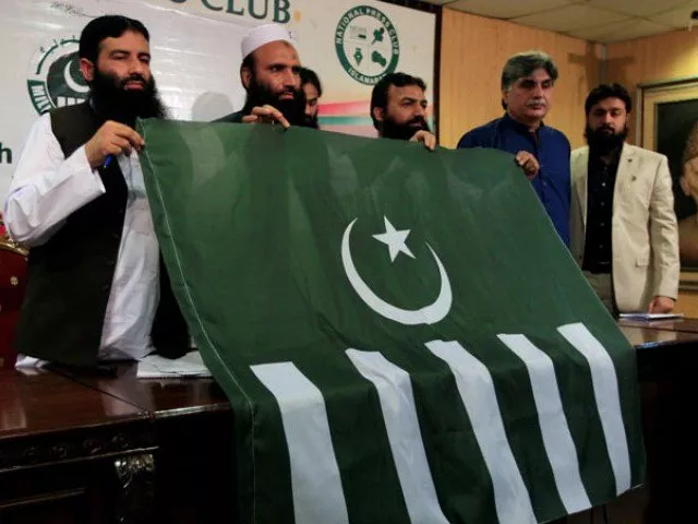 saifullah khalid 2nd l president of milli muslim league mml political party holds a party flag with others during a news conference in islamabad on august 7 2017 photo reuters file saifullah khalid 2nd l president of milli muslim league mml political party holds a party flag with others during a news conference in islamabad on august 7 2017 photo reuters file