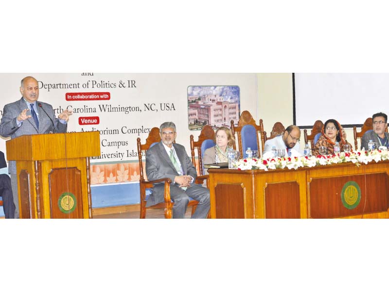 senator mushahid hussain sayed speaks at iiui photo express