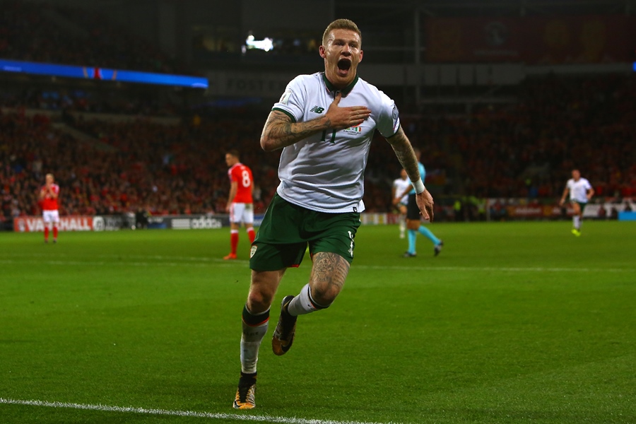 republic of ireland 039 s midfielder james mcclean celebrates scoring the team 039 s first goal during the group d world cup qualifying football match between wales and republic of ireland at cardiff city stadium in cardiff on october 10 2017 photo afp