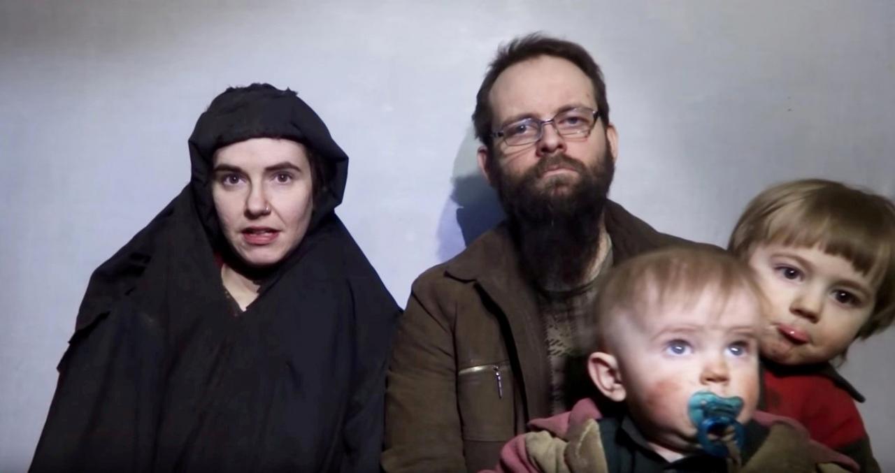 a still image from a video posted by the taliban on social media on december 19 2016 shows american caitlan coleman l speaking next to her canadian husband joshua boyle and their two sons photo reuters