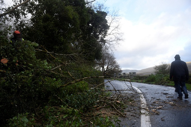 a man walks past a worker clearing fallen trees off a road during storm ophelia in the county clare area of the burren ireland on october 16 2017 source reuters a man walks past a worker clearing fallen trees off a road during storm ophelia in the county clare area of the burren ireland on october 16 2017 source reuters