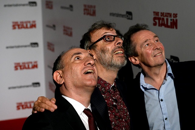 writer and director armando iannucci l poses for photographers with actors david schneider and paul whitehouse r at the uk premiere screening of 039 the death of stalin 039 at the curzon chelsea in london britain october 17 2107 photo reuters mary turner