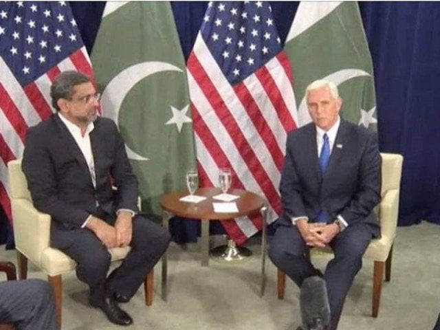 in this file photo pm khaqan abbasi meets us vice president mike pence in new york photo pid in this file photo pm khaqan abbasi meets us vice president mike pence in new york photo pid