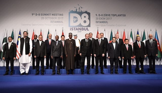 from l minister of state for foreign affairs of bangladesh mohammed shahriar alam l prime minister of pakistan shahid khaqan abbasi 2l iranian first deputy president ishak cihangiri 3l president of guinea alpha conde 4l president of nigeria muhammed buhari 5l president of turkey recep tayyip erdogan 6l president of azerbaijan ilham aliyev 7l secretary general of d 8 seyyid ali muhammed 8l vice president of indonesia jusuf kalla 9l deputy prime minister of malaysia ahmed zaid hamidi 10l deputy foreign minister of egypt hamdi loza 11l pose for a family photo during the opening ceremony of d 8 organization for economic cooperation summit on october 20 2017 in istanbul photo afp from l minister of state for foreign affairs of bangladesh mohammed shahriar alam l prime minister of pakistan shahid khaqan abbasi 2l iranian first deputy president ishak cihangiri 3l president of guinea alpha conde 4l president of nigeria muhammed buhari 5l president of turkey recep tayyip erdogan 6l president of azerbaijan ilham aliyev 7l secretary general of d 8 seyyid ali muhammed 8l vice president of indonesia jusuf kalla 9l deputy prime minister of malaysia ahmed zaid hamidi 10l deputy foreign minister of egypt hamdi loza 11l pose for a family photo during the opening ceremony of d 8 organization for economic cooperation summit on october 20 2017 in istanbul photo afp