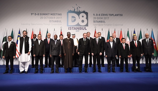 from l minister of state for foreign affairs of bangladesh mohammed shahriar alam l prime minister of pakistan shahid khaqan abbasi 2l iranian first deputy president ishak cihangiri 3l president of guinea alpha conde 4l president of nigeria muhammed buhari 5l president of turkey recep tayyip erdogan 6l president of azerbaijan ilham aliyev 7l secretary general of d 8 seyyid ali muhammed 8l vice president of indonesia jusuf kalla 9l deputy prime minister of malaysia ahmed zaid hamidi 10l deputy foreign minister of egypt hamdi loza 11l pose for a family photo during the opening ceremony of d 8 organization for economic cooperation summit on october 20 2017 in istanbul photo afp