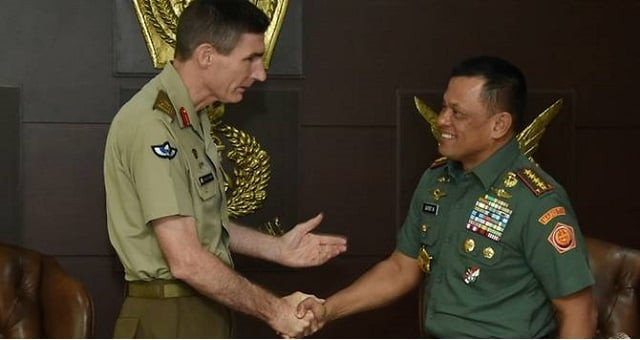 photograph released by the indonesian military shows indonesian military chief gatot nurmantyo r and chief of australian army angus campbell in february photo afp photograph released by the indonesian military shows indonesian military chief gatot nurmantyo r and chief of australian army angus campbell in february photo afp