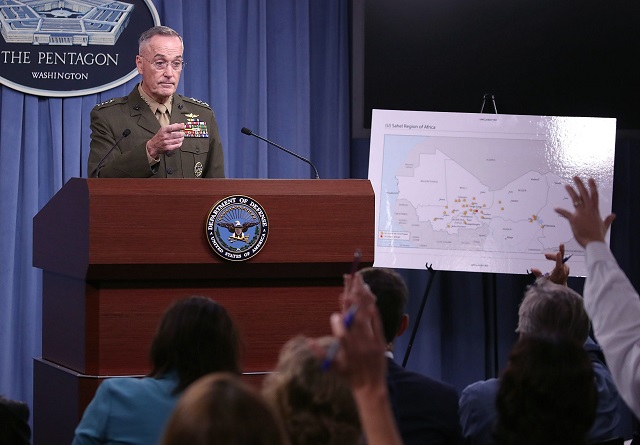 arlington va   october 23 gen joseph dunford jr chairman of the joint chiefs of staff briefs the media on the recent military operations in niger at the pentagon on october 23 2017 in arlington va four u s army special forces members were killed on oct 4 in niger by militants armed with rocket propelled grenades and heavy machine guns photo afp