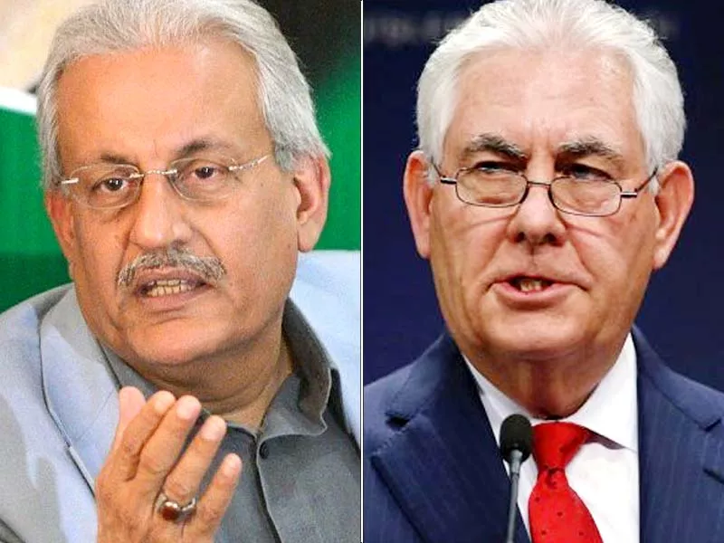 senate chairman raza rabbani and us secretary of state rex tillerson photo file