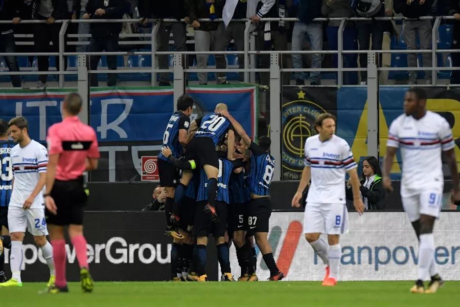 inter milan 039 s slovakian defender milan skriniar hidden celebrates with teammates after scoring during the italian serie a football match inter milan vs sampdoria at the san siro stadium in milan on october 24 2017 photo afp inter milan 039 s slovakian defender milan skriniar hidden celebrates with teammates after scoring during the italian serie a football match inter milan vs sampdoria at the san siro stadium in milan on october 24 2017 photo afp