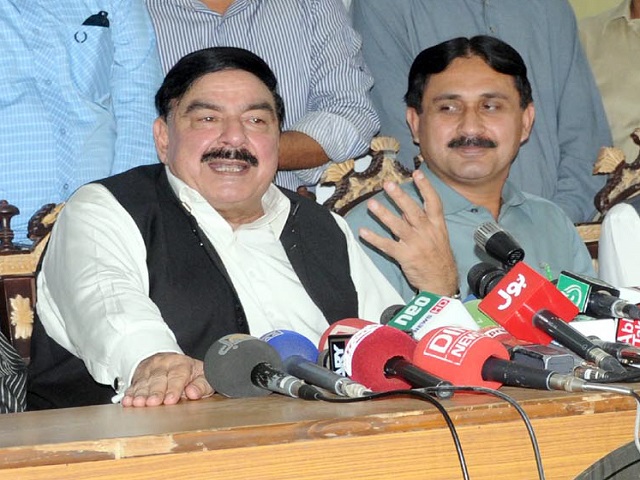 aml chief sheikh rasheed speaking at a joint press conference with mna jamshed dasti in multan on wednesday photo inp